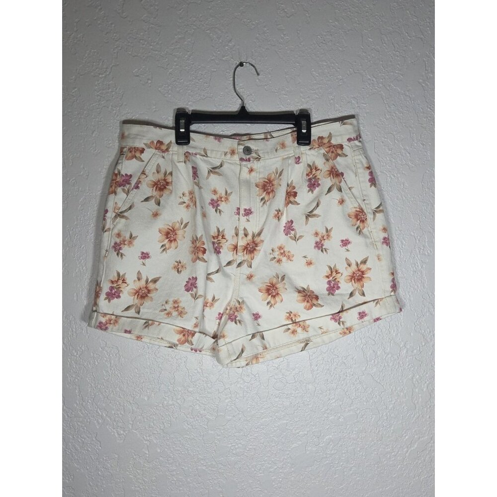 American Eagle Floral Womens Denim Pleated Mom Short Ivory  14